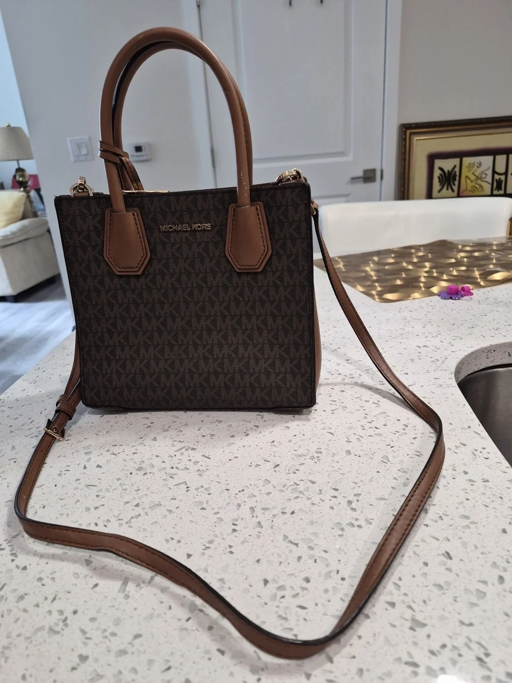 Michael Kors Brown Logo Crossbody Satchel with Tan Trim